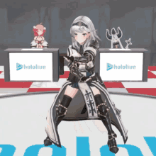 a video game character is standing in front of a hololive logo