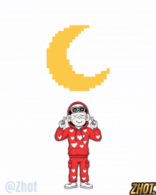 a pixel art of a monkey with hearts on his pants and a crescent moon in the background