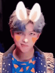 a close up of a person wearing a mask with bunny ears on their face .