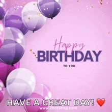 a pink background with purple and white balloons and the words " happy birthday to you "