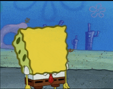 a cartoon of spongebob squarepants standing in front of a flower