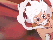 a cartoon character with white hair and red eyes is smiling and flying through the air .