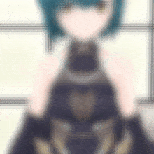 a blurry picture of a girl with blue hair and brown eyes