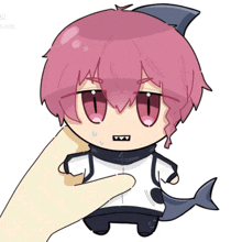 a cartoon character with pink hair and a shark tail is being held by a hand