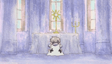 a drawing of a person kneeling in front of a table