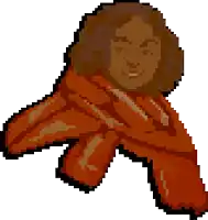 a pixel art drawing of a woman 's face behind a red glove