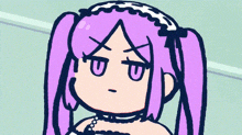a cartoon drawing of a girl with purple hair and pigtails making an angry face .