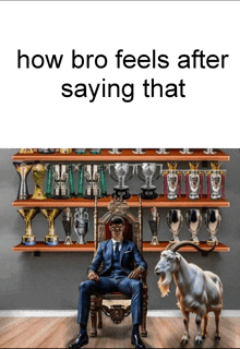 a man in a suit is sitting on a throne next to a goat