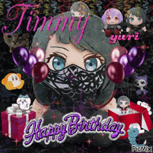 a birthday card for jimmy yuri with a girl wearing a mask and balloons