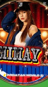 a woman in a baseball cap is on a poster that says mimay on it