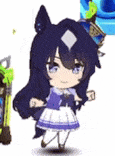 a cartoon girl with long black hair and a horse 's ears is standing next to a picture frame .