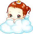 a pixel art of a baby girl with a crown on her head sitting on a cloud