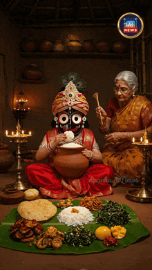 a woman in a costume is sitting on the floor with a pot of food in front of her and a sign that says sai news