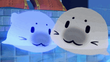 a blue and a white cartoon character with a mustache