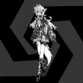 a black and white drawing of a girl with a fox tail