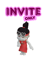 a cartoon girl is standing in front of a sign that says ' invite only '