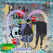 a cartoon of a man holding a red cup with the words `` i love my son '' on it .