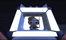 a cartoon character wearing glasses and a headset looks out of a window