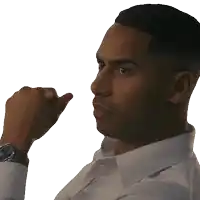 a man in a white shirt and tie is making a thumbs up sign
