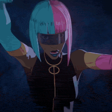 a cartoon character is standing in a dark room with a red background