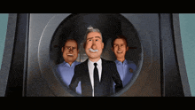 a man in a suit and tie is surrounded by two other men in blue shirts