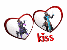 a couple of hearts with the word kiss in red