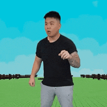 a man in a black shirt and grey sweatpants is standing in front of a green field