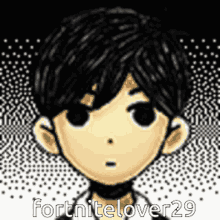 a pixel art drawing of a boy with black hair and the words fortnitelover29 on the bottom