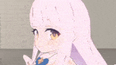 a close up of a cartoon character with long white hair and yellow eyes