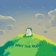 a cartoon of a cat sitting on top of a grassy hill with the words `` why the rush '' written on it .