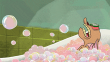 a cartoon character is taking a bath in a tub full of soap bubbles