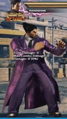 a video game screen shows a man in a purple coat and tie