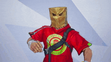 a man with a paper bag on his head is wearing a vampiri state university shirt