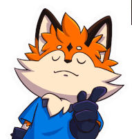 a cartoon fox wearing a blue shirt is giving the peace sign