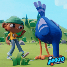 a boy and a bird from mojo swoptops are standing in a field
