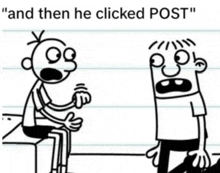 a diary of a wimpy kid drawing of a man sitting on a bench and another man standing next to him .