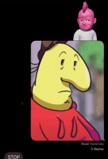 a cartoon character with a mohawk is talking to another cartoon character with a stop button below it