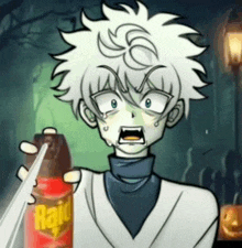 a cartoon character is holding a bottle of raid bug spray