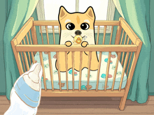 a dog with a pacifier in its mouth is in a crib