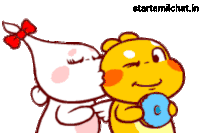 a cartoon of a girl with a red bow and a yellow bear holding a blue donut