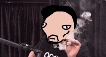 a man is smoking a cigarette in front of a microphone .
