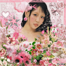a picture of a woman surrounded by pink flowers with the words it 's a beautiful day at the top