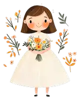 a little girl in a white dress holding a bouquet of flowers