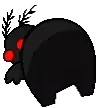 a pixel art of a black moth with red eyes .