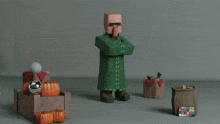 a cartoon character in a green coat is standing in front of some pumpkins and baskets