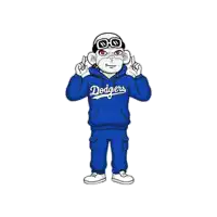 a cartoon of a man wearing a dodgers sweatshirt