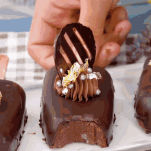 a close up of a person holding a chocolate cake with a bite taken out of it