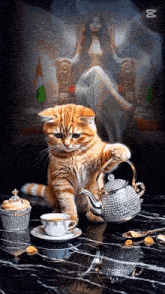 a cat is holding a teapot in front of a woman in a chair