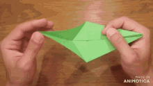 a person is holding a green origami bird in their hands
