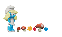 smurfette is surrounded by mushrooms and flowers and has a white hat on